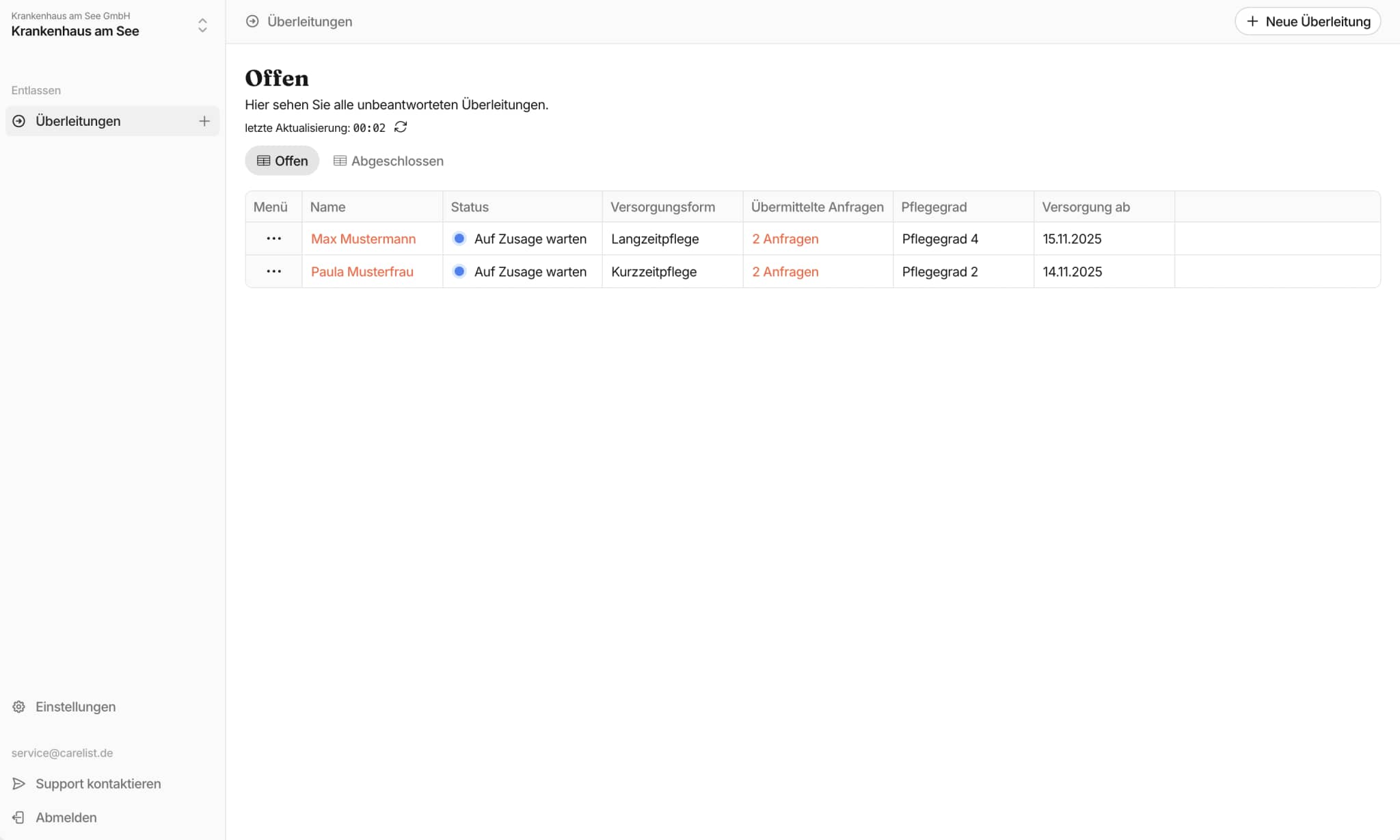 carelist für Kliniken - Entlassmanagement - Überleitung erstellen - Recare Alternative